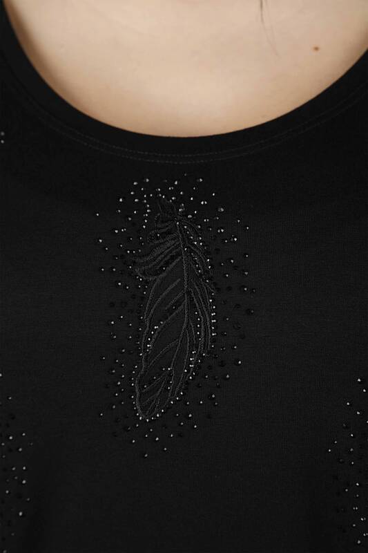 Женская оптовая продажа с круглым вырезом и узором в виде чесаных листьев - 77501 | КАZЕЕ