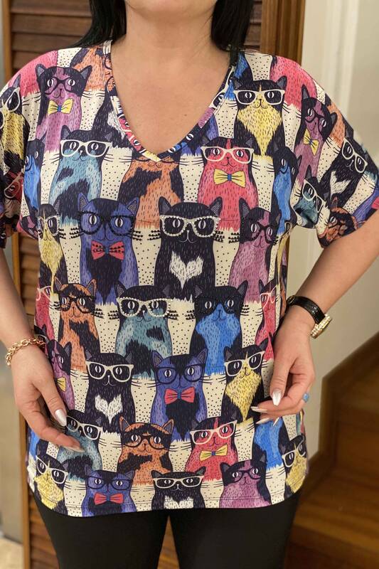 женская блузка оптом с V-образным вырезом с цифровой печатью - 76785 | Каzee