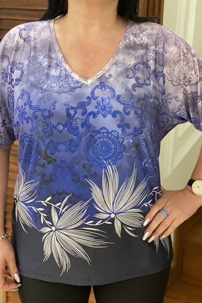женская блузка оптом с V-образным вырезом с цифровой печатью - 77337 | Каzee - Thumbnail