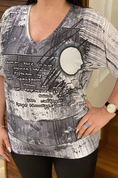 женская блузка оптом с V-образным вырезом с цифровой печатью - 77367 | Каzee - Thumbnail