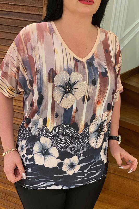 женская блузка оптом с V-образным вырезом с цифровой печатью - 77406 | Каzee