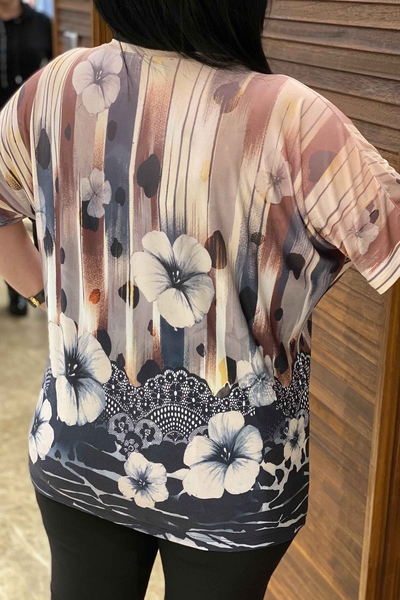 женская блузка оптом с V-образным вырезом с цифровой печатью - 77406 | Каzee - Thumbnail