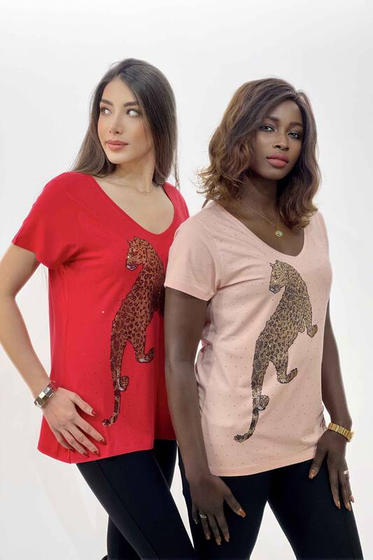 Женская блузка оптом с тигровым узором и вышитым бисером логотипом Kazee - 77608 | КАZЕЕ