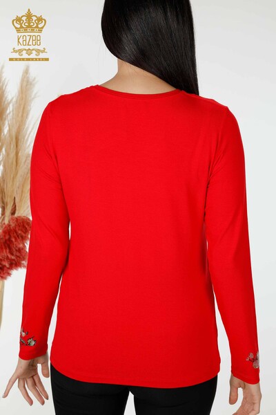 женская блузка оптом цветная вышивка камнем красный - 79015 | КАZЕЕ - Thumbnail