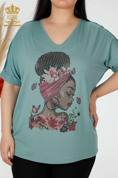женская блузка оптом цветная вышивка мятным камнем - 78913 | КАZЕЕ - Thumbnail