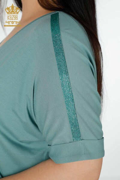 женская блузка оптом цветная вышивка мятным камнем - 78913 | КАZЕЕ - Thumbnail