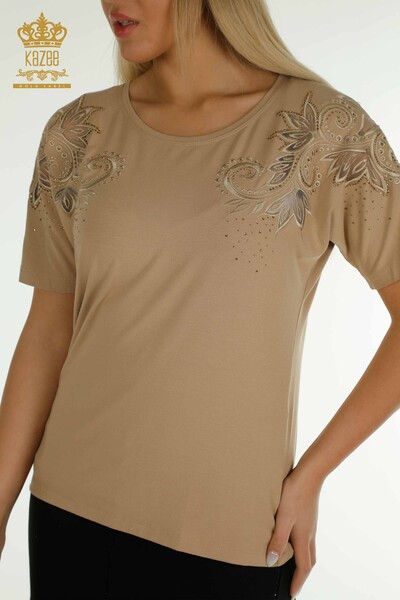 женская блузка оптом - цветочный узор - бежевый - 79093 | КАZEE - Thumbnail