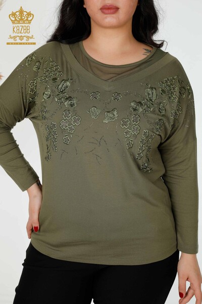 женская блузка оптом с цветочным узором цвета хаки - 78848 | КАZEE - Thumbnail