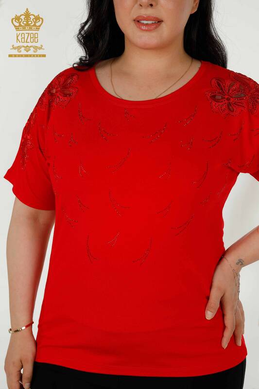Женская блузка оптом - Детали из тюля - Красный - 79086 | КАZEE