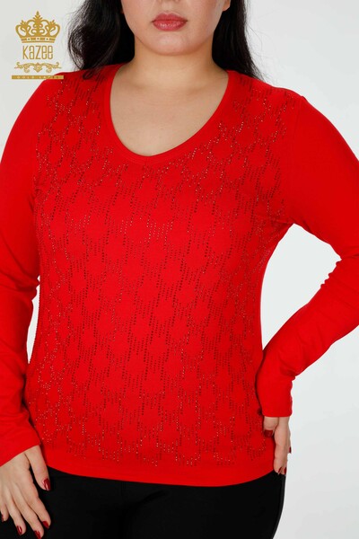 женская блузка оптом с V-образным вырезом, вышитая камнями, красная - 79016 | КАZEE - Thumbnail