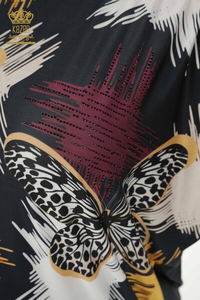 Женская блузка оптом - с рисунком бабочки Темно-синий - 12051 | KAZEE - Thumbnail