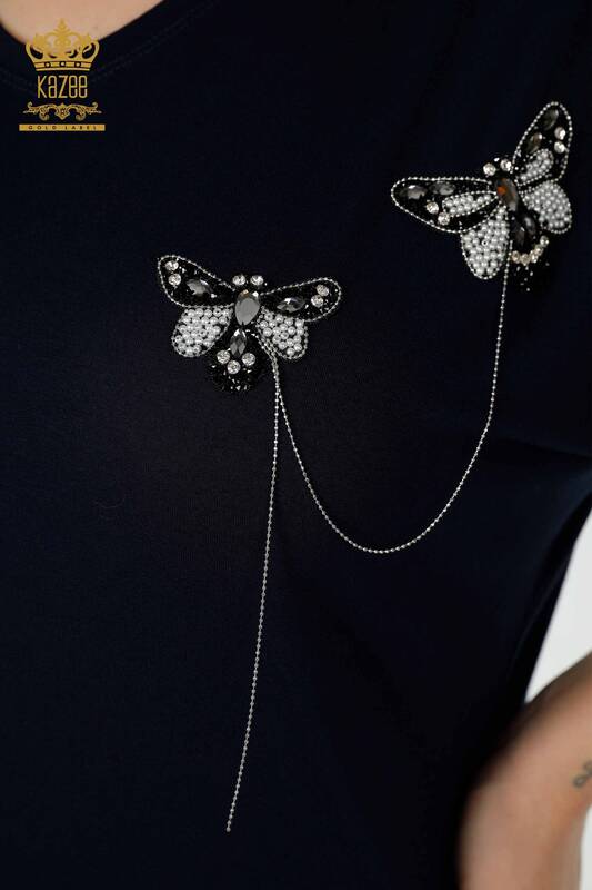 женская блузка оптом с рисунком бабочки темно-синий - 78933 | КАZEE