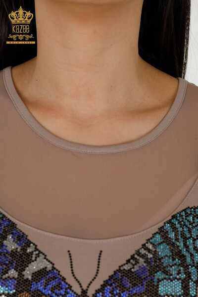 Женская блузка оптом - С рисунком бабочки - Норка - 79103 | КАZEE - Thumbnail