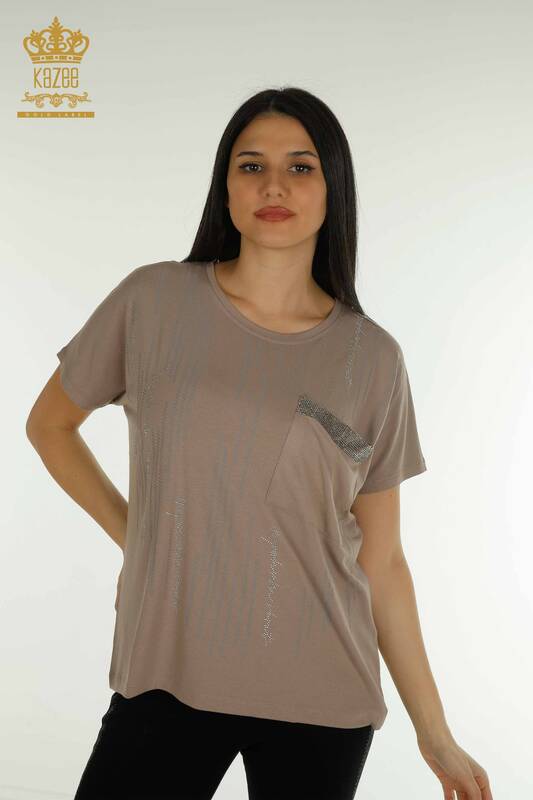 Женская блузка оптом - Детальный карман - Норка - 79140 | КАZEE
