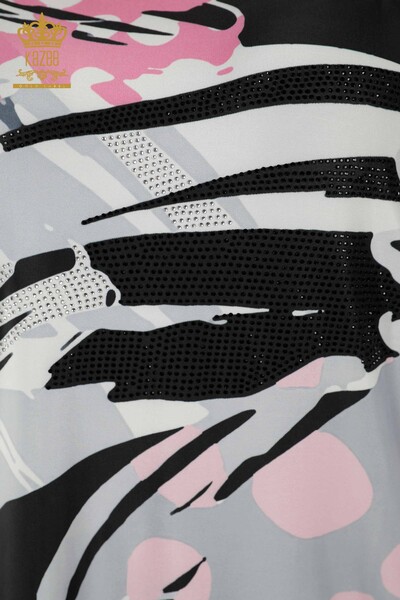 женская блузка оптом с коротким рукавом вышитая камнем - серая - 77897 | КАZEE - 3