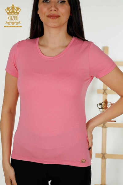 женская блузка оптом - с коротким рукавом - базовая - розовая - 79287 | КАZEE - Thumbnail