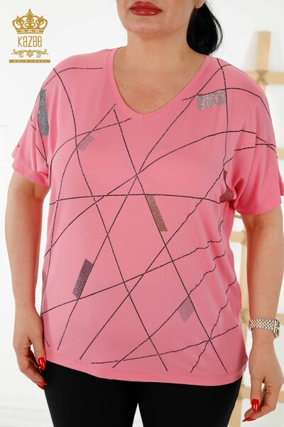 женская блузка оптом - с коротким рукавом - розовая - 79288 | КАZEE - Thumbnail