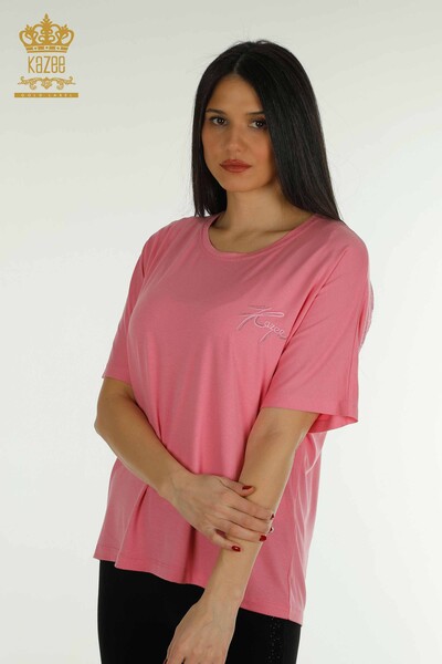 женская блузка оптом - с коротким рукавом - розовая - 79302 | КАZEE - Thumbnail