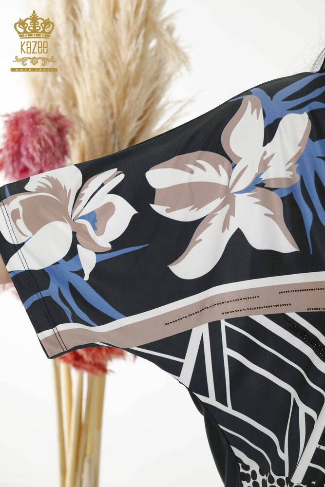 Женская блузка оптом - с коротким рукавом темно-синий - 12043 | KAZEE - 6