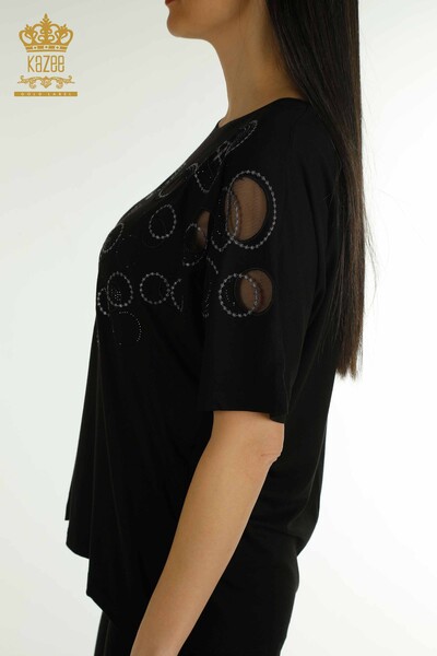 Женская блузка оптом - с коротким рукавом - с рисунком - черная - 79094 | КАZEE - Thumbnail