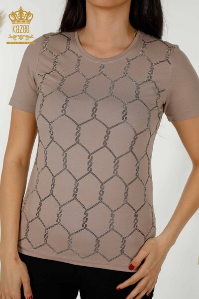 женская блузка оптом - с коротким рукавом - с рисунком - норка - 79304 | КАZEE - Thumbnail