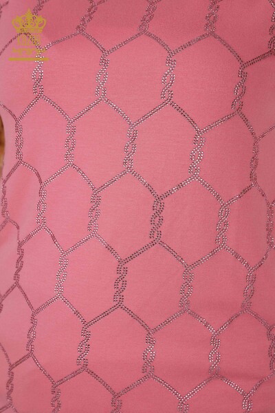 женская блузка оптом - с коротким рукавом - с узором - розовая - 79304 | КАZЕЕ - Thumbnail
