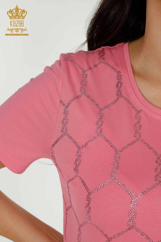 женская блузка оптом - с коротким рукавом - с узором - розовая - 79304 | КАZЕЕ