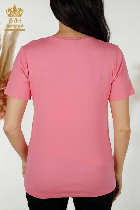 женская блузка оптом - с коротким рукавом - с узором - розовая - 79304 | КАZЕЕ