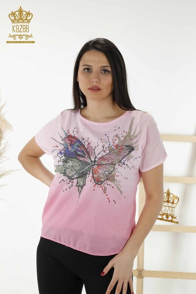 женская блузка оптом - красочный узор бабочки - розовый - 79165 | КАZEE