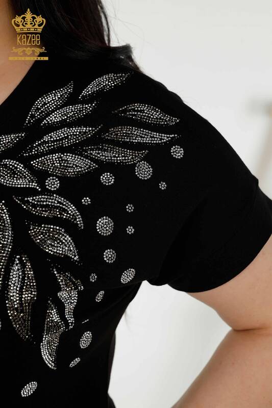 оптом Женская блузка с узором листьев черного цвета - 79053 | КАZЕЕ