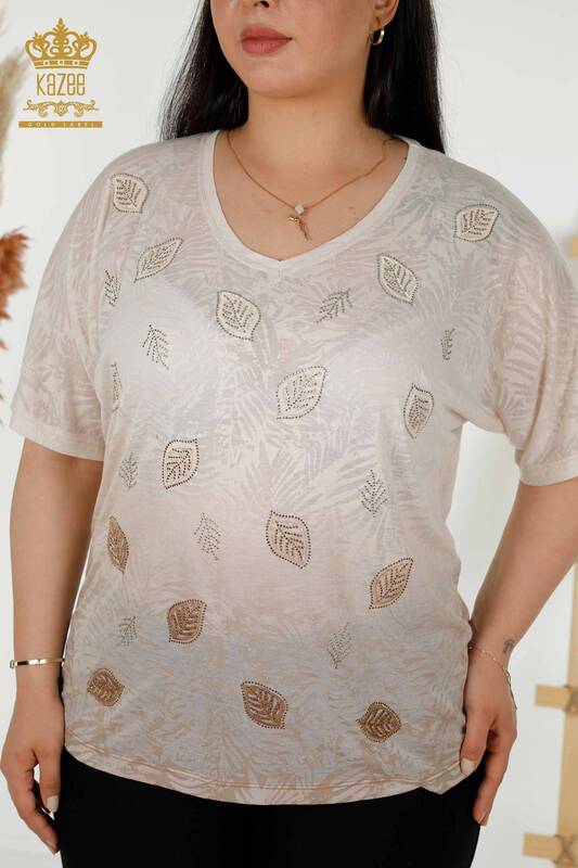 Женская блузка оптом - С узором в виде листьев - Норка - 79135 | КАZEE