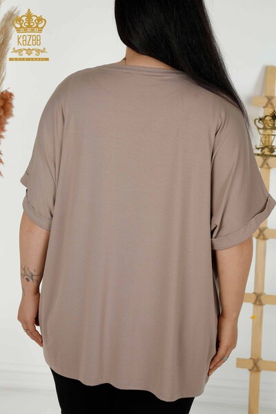 женская блузка оптом - с узором в виде листьев - норка - 79318 | КАZEE - Thumbnail