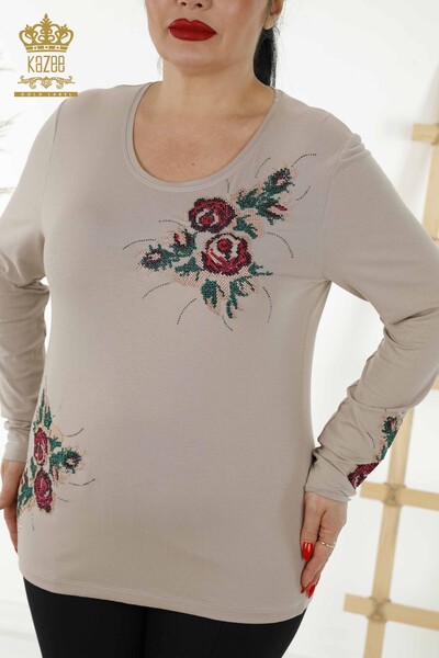 Женская блузка оптом - Узор с розой - Норка - 79046 | КАZEE - Thumbnail