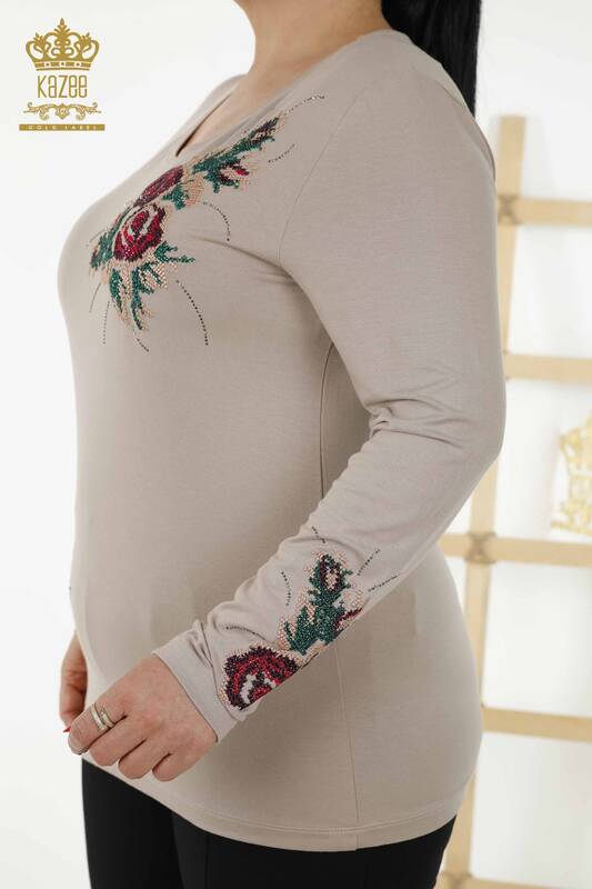 Женская блузка оптом - Узор с розой - Норка - 79046 | КАZEE