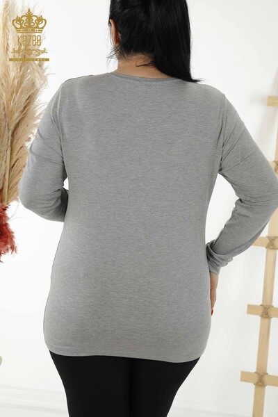 Женская блузка оптом - Узор с розой - Серый - 79046 | КАZEE - Thumbnail
