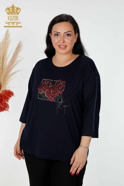 женская блузка оптом с рисунком розы темно-синий - 78951 | КАZЕЕ - Thumbnail