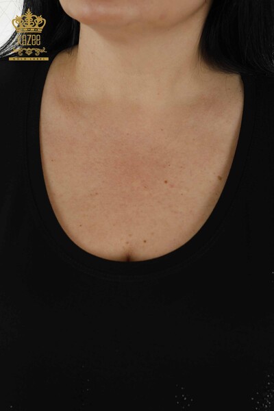 женская блузка оптом - с рисунком - с коротким рукавом - черный - 79070 | КАZEE - Thumbnail