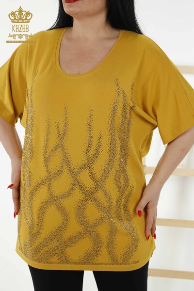 женская блузка оптом - с рисунком - с коротким рукавом - шафран - 79070 | КАZEE - Thumbnail