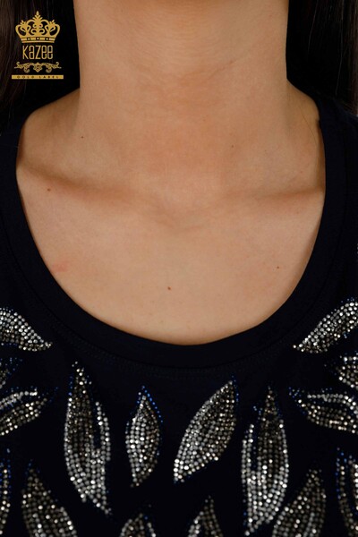 женская блузка оптом - с узором в виде листьев - темно-синий - 79053 | КАZEE - Thumbnail
