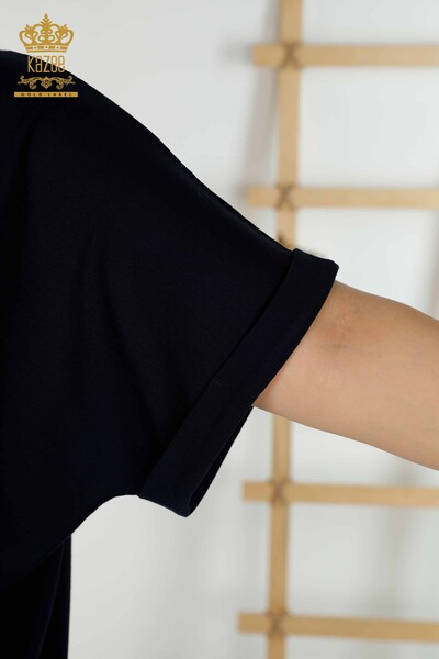 женская блузка оптом - с узором в виде листьев - темно-синий - 79319 | КАZEE - Thumbnail