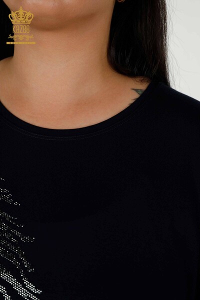 женская блузка оптом - с узором в виде листьев - темно-синий- 79322 | КАZEE - Thumbnail