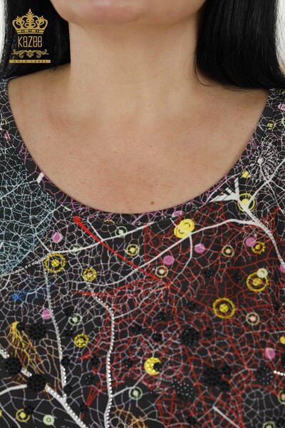 Женская блузка оптом - Смешанный узор - Черный - 12063 | КАZEE - Thumbnail