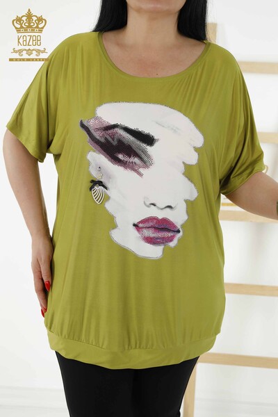 Женская блузка оптом - цифровая печать - Фисташковый зеленый - 77755 | KAZEE - Thumbnail