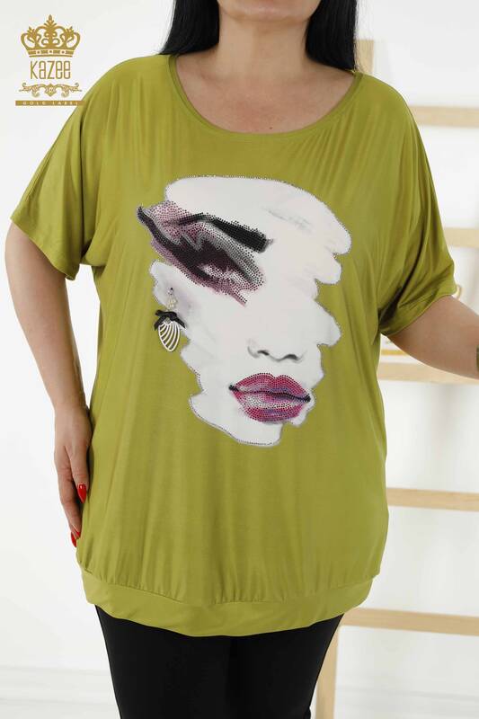 Женская блузка оптом - цифровая печать - Фисташковый зеленый - 77755 | KAZEE