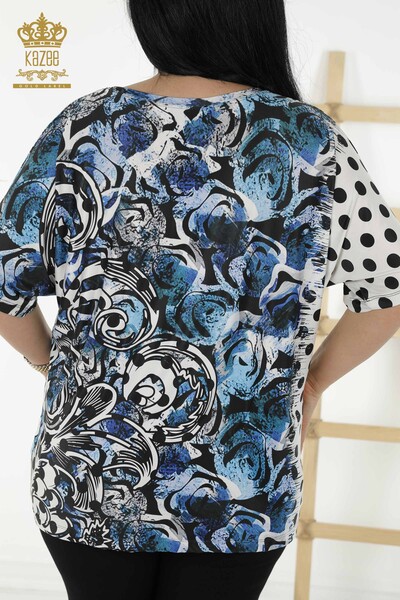 Женская блузка оптом - цифровая печать - синий - 12028 | KAZEE - Thumbnail