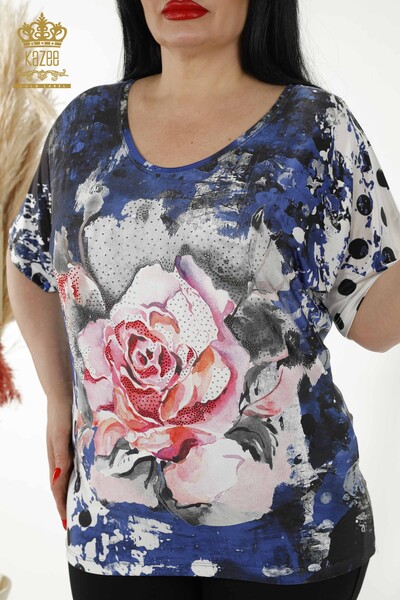 Женская блузка оптом - цифровая печать - Темно-синий - 12019 | KAZEE - Thumbnail