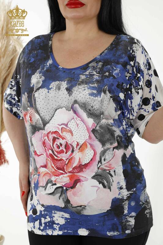 Женская блузка оптом - цифровая печать - Темно-синий - 12019 | KAZEE