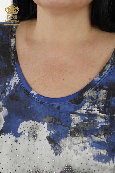 Женская блузка оптом - цифровая печать - Темно-синий - 12019 | KAZEE - Thumbnail