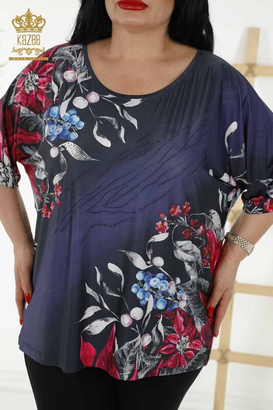 Женская блузка оптом - цифровая печать - темно-синий - 12040 | KAZEE