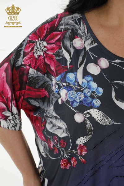 Женская блузка оптом - цифровая печать - темно-синий - 12040 | KAZEE - Thumbnail